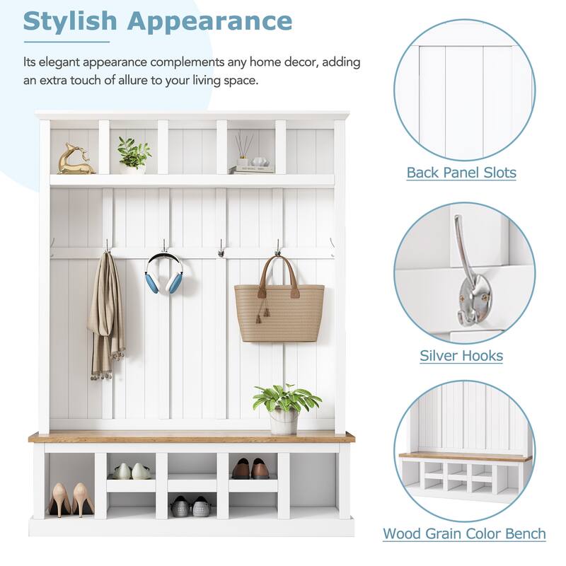 Hall Tree Storage Cabinet with 4 Hidden Hooks, Bench, and Open Compartments