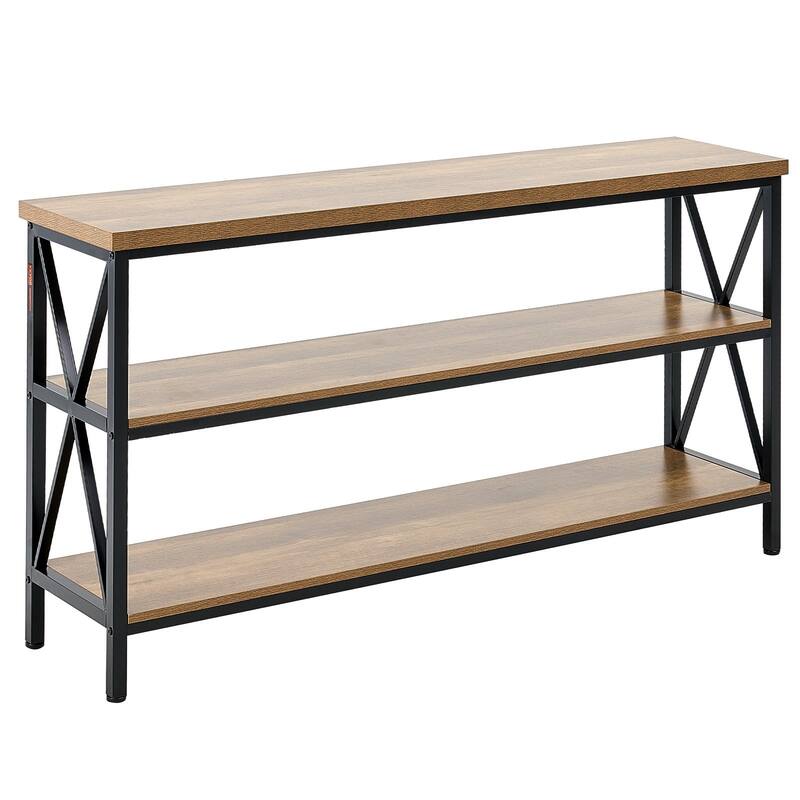 Brown Black MDF Metal Console Table, 3-Tier Long Hallway Table 240 lbs Top Load Capacity - 55.1” L x 13.4” W x 30.0” H