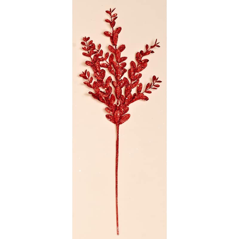 20" Glitter Leaves Spray, Red, Set of 3 - Red