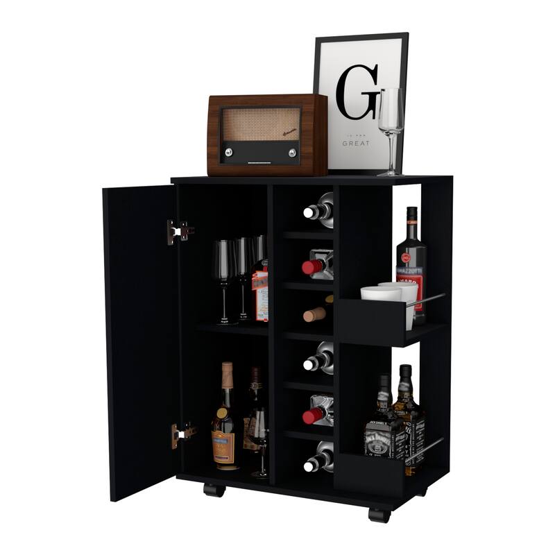 Tennessee Bar Cart, One Cabinet With Division, Six Cubbies For liquor, Two Shelves