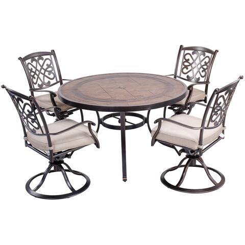 5 Piece Patio Dining Set, Deep Cushioned Aluminum Swivel Rocker Chair Set with 46 inch Round Mosaic Tile Top Aluminum Table