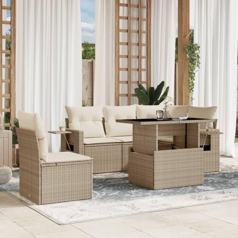 vidaXL Patio Sofa Set with Cushions Outdoor Furniture 6 Piece Poly Rattan - 21.7 x 39.4 x 28.7 - Beige and Cream