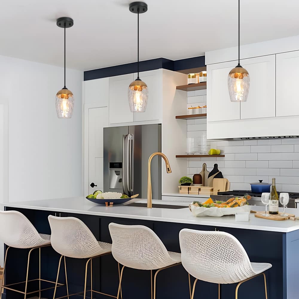 Modern Contemporary 1-Light Black and Gold Hammered Glass Pendant Light Fixtures for Kitchen Island