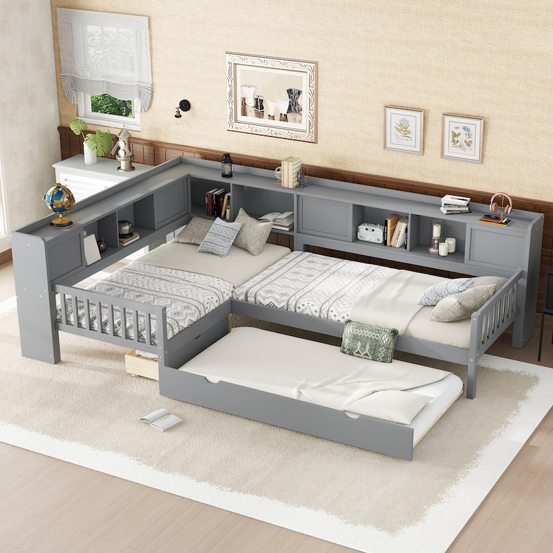 L-shaped Bunk Platform Bed Twin Size Solid Wood Storage Bedframe with Trundle, Drawer and Open Shelves for Boys, Girls, Kids - Grey - Twin