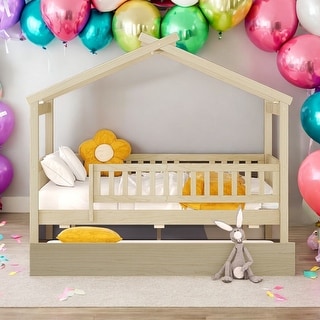 Full Size Wooden House Bed Platform Bed With Twin Size Trundle,Solid Construction For Bedroom