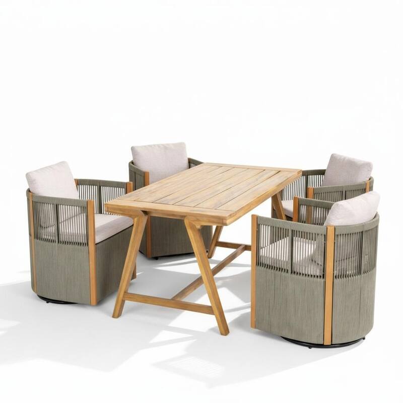 Christopher Knight Home - Maris 5-Piece Outdoor Acacia Wood Swivel Dining Set with 70.75" Rectangular Slat Table and Cushions