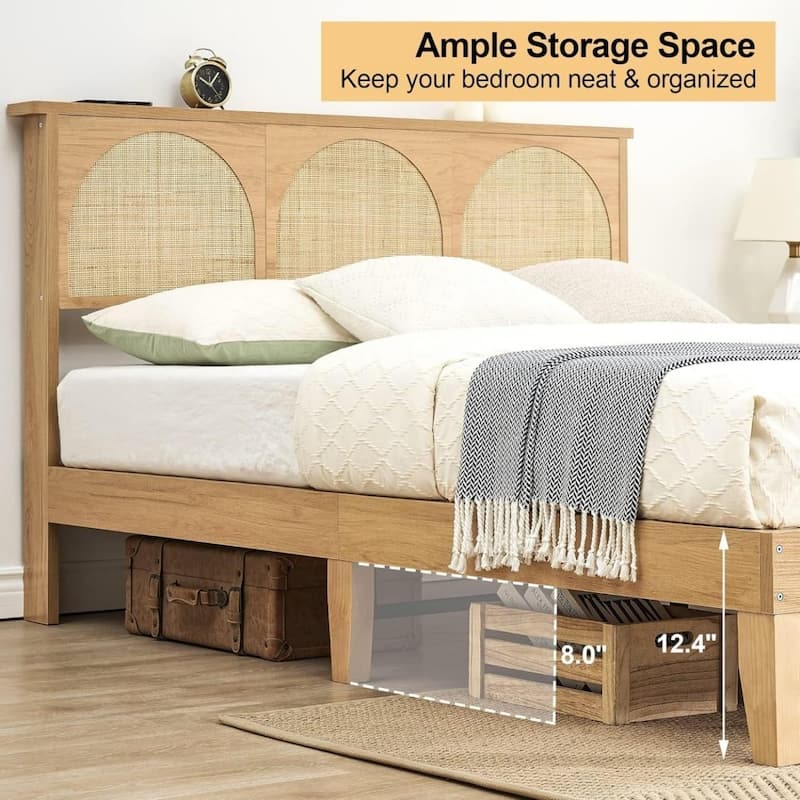 Modern Wooden Platform Bed Frame With Arched Natural Rattan Headboard And LED Lights