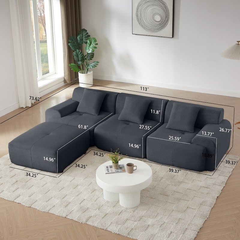 113" Modern L-Shaped Corduroy Upholstery Modular Sectional Sofa with Deep Seat and Movable Ottoman