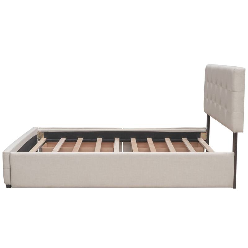 Upholstered Platform Bed with 2 Drawers and Twin XL Trundle, Linen Fabric, Queen Size
