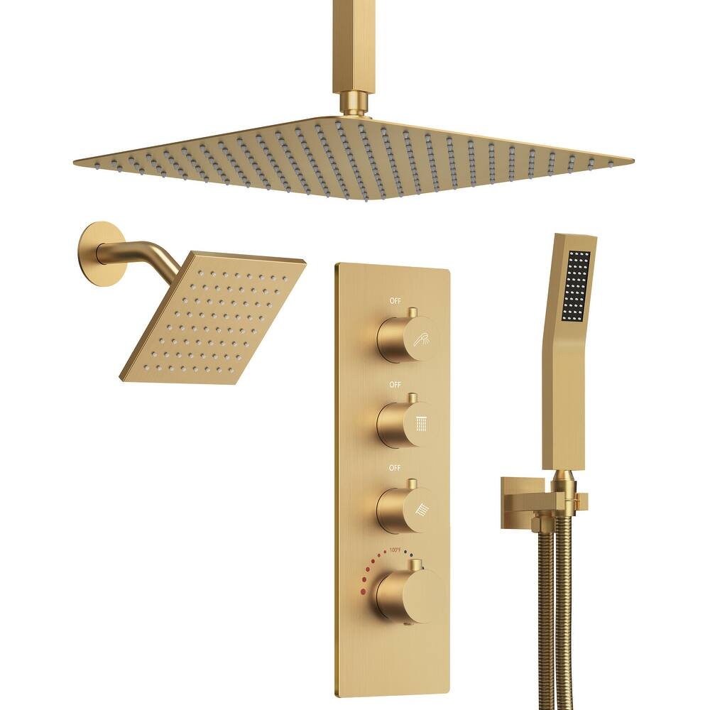 Dual Heads 16" Rainfall & High Pressure 6" Shower System w/ 3 Way Thermostatic Faucet 