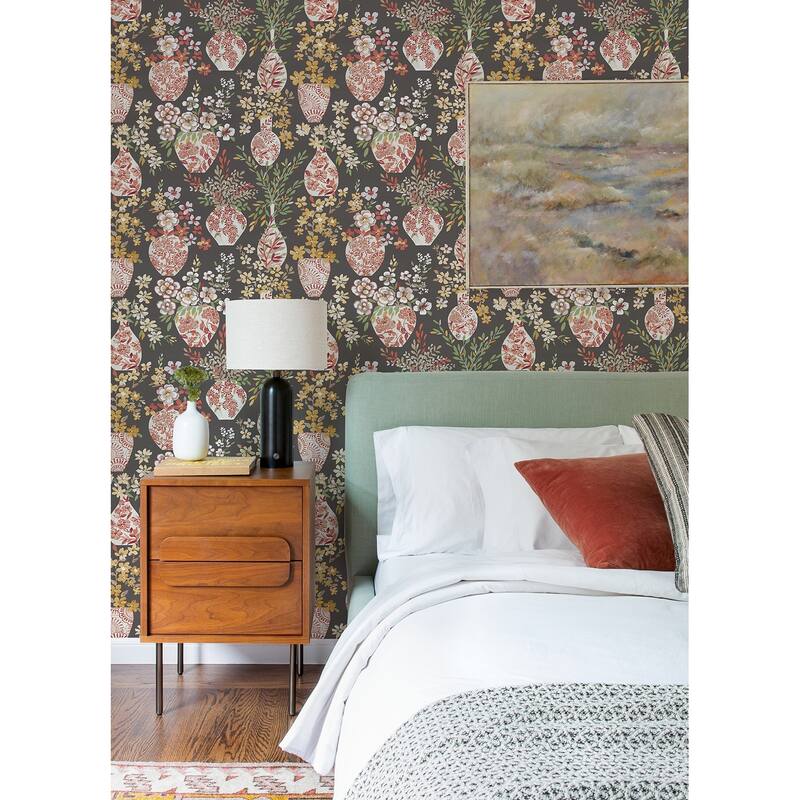 A-Street Prints Harper Brown Floral Vase Wallpaper