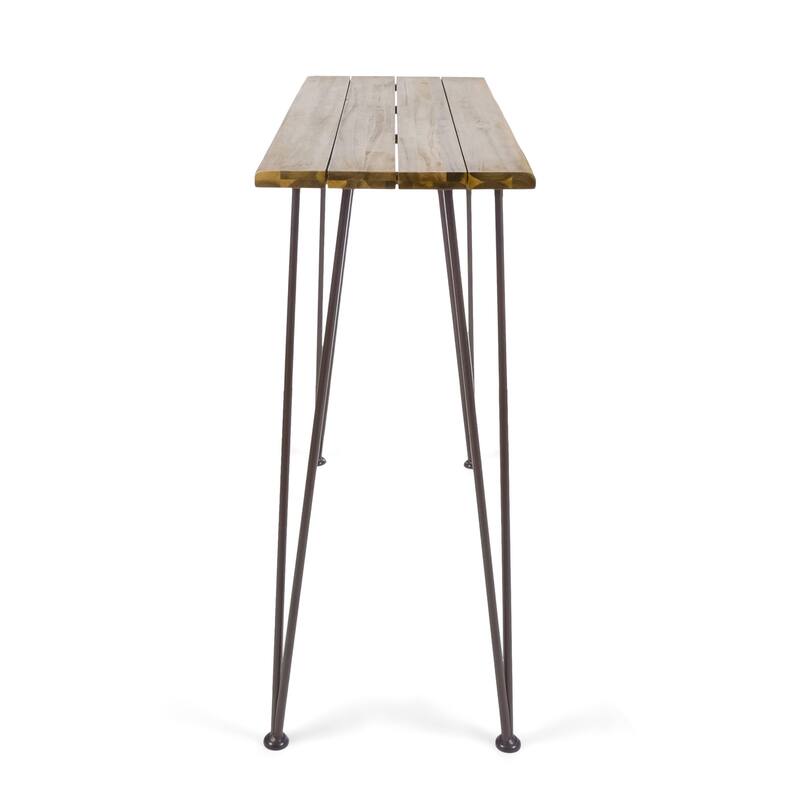 Rih Outdoor Bar Height Table, 47 Inch, Hairpin Legs, Brown Acacia Wood