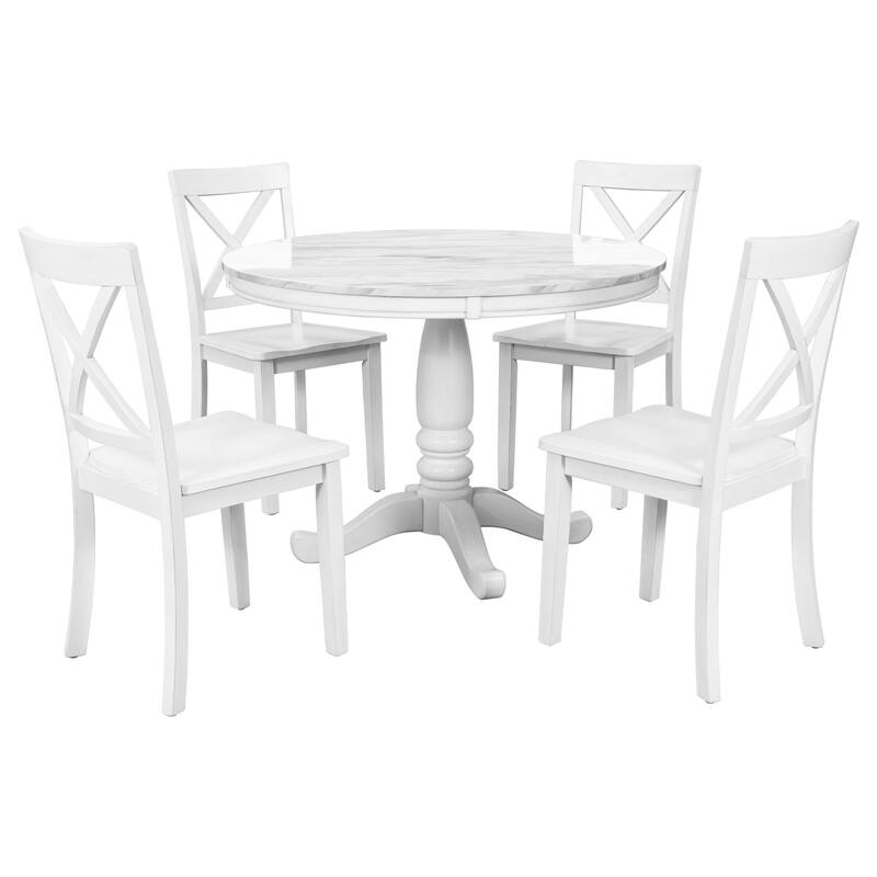 Stylish Round Wooden Dining Table with Four Wooden Chairs, 5-Piece Kitchen Table and Chair Set for Apartment
