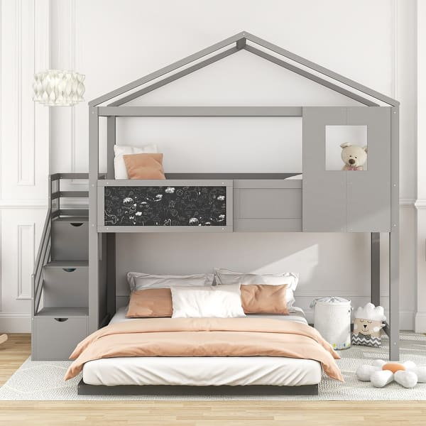 slide 2 of 9, Twin Over Full House Bunk Bed with Storage Staircase and Blackboard Grey