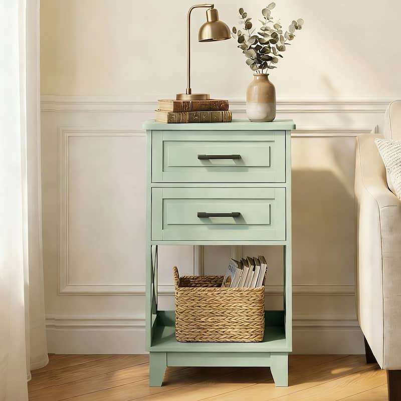 Tall Nightstand with 2 Drawers and Open Shelf Below