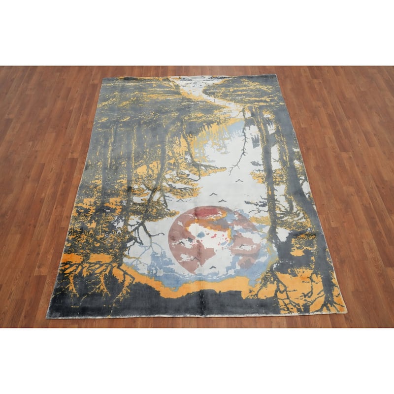 Hand Knotted Oriental Viscose Silk Carpet Modern Pictorial Multi-Colored Abstract Area Rug - 7' 8'' X 5' 7''