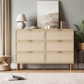 Rattan 6 Drawer Dresser for Bedroom, Large Double Dresser with Deep ...