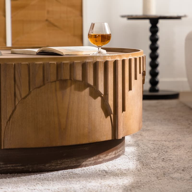 Handcrafted Round Wood Coffee Table - Modern Solid Wood Veneer with Artistic Relief & Sturdy Pedestal Base for Living Room