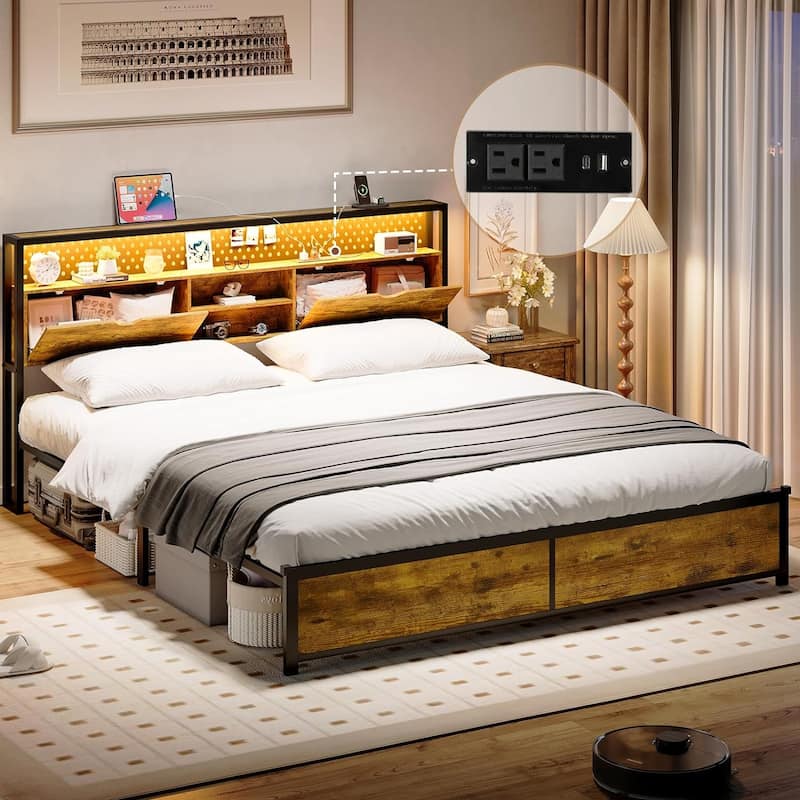 Bed Frame Hidden Storage Headboard 2-Tier Built-in LED Lights Metal