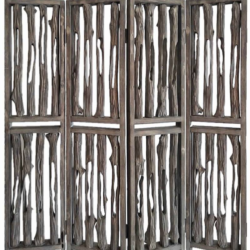 Contemporary 4 Panel Wooden Screen with Log Design, Brown