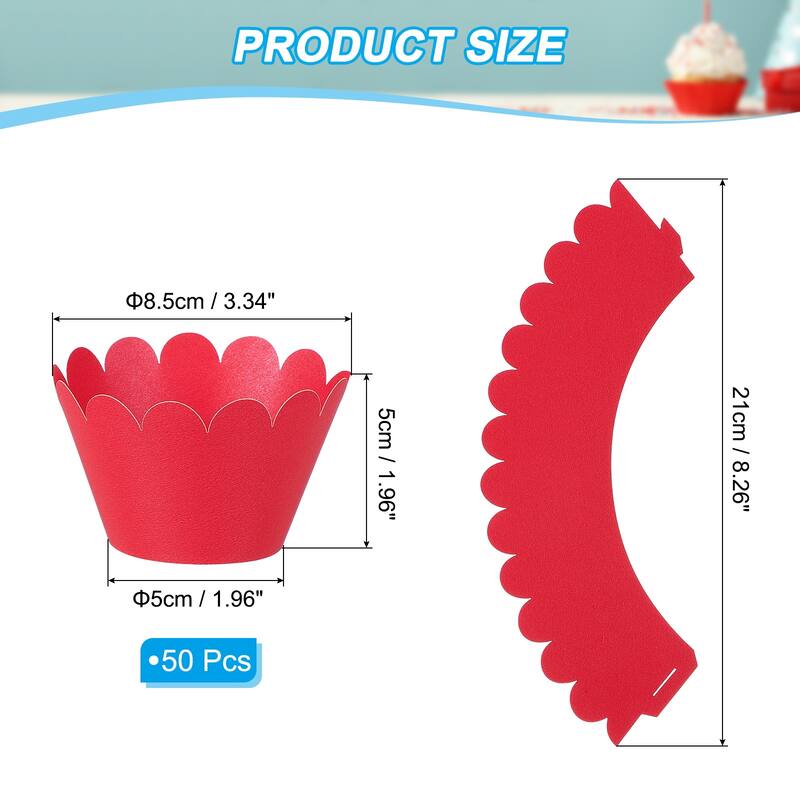 Cupcake Wrappers Paper, 50 Pack Baking Cups Standard Wave Decor - Red