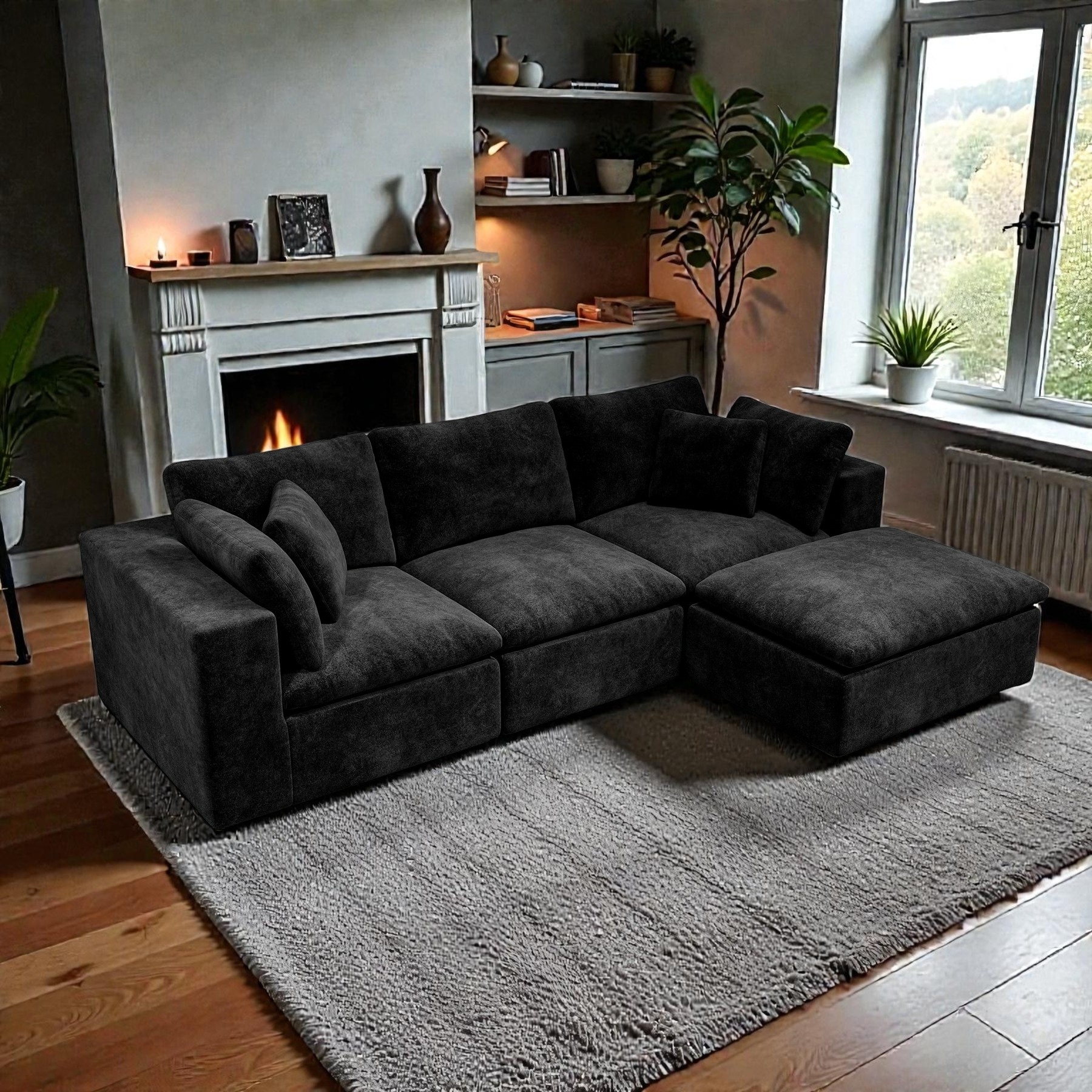 108.3" Modular Sectional Sofa with Chaise, Plush Corduroy Cloud Couch, No Assembly Required, 4-Seat
