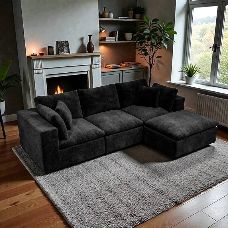 108.3" Modular Sectional Sofa with Chaise, Plush Corduroy Cloud Couch, No Assembly Required, 4-Seat - Black