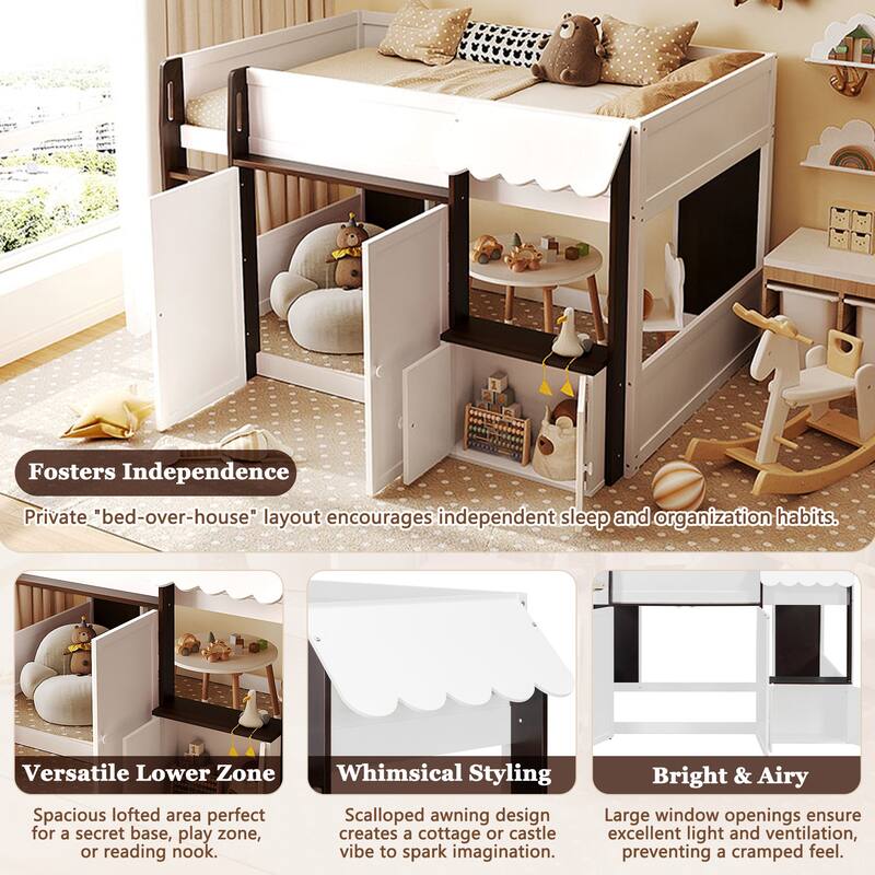 Full Loft House Bed with Playhouse & Storage, Modern Wood Cabin Bed for Kids