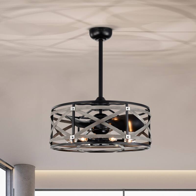 Adele 25-inch Matte Black and Faux Wood Grain 6 Lights 3 Blades Lighted Ceiling Fan with Remote