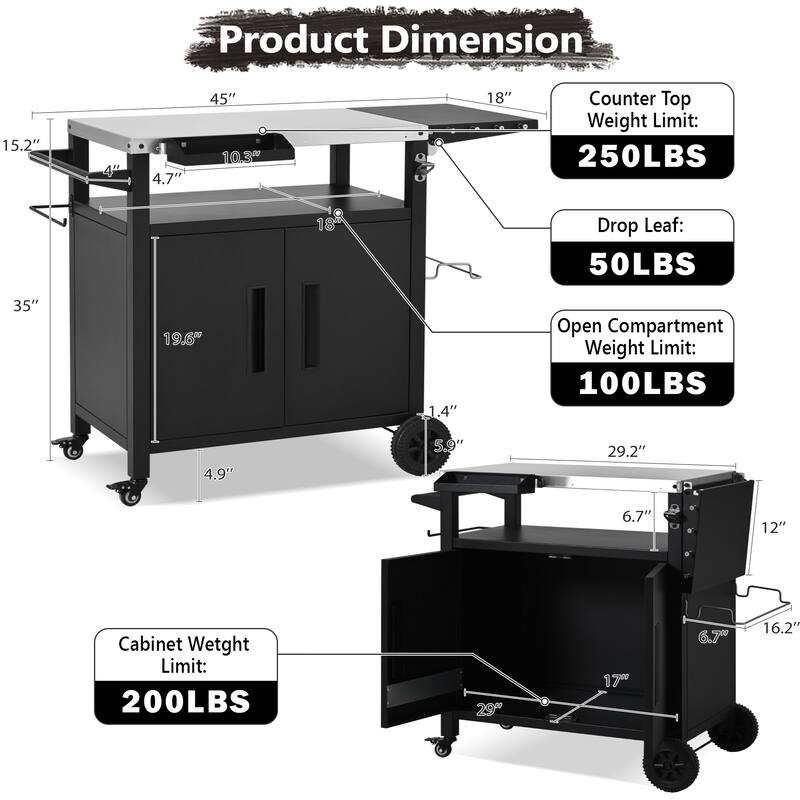 Outdoor Grill Cart with Foldable Table, Storage Cabinet & Wheels