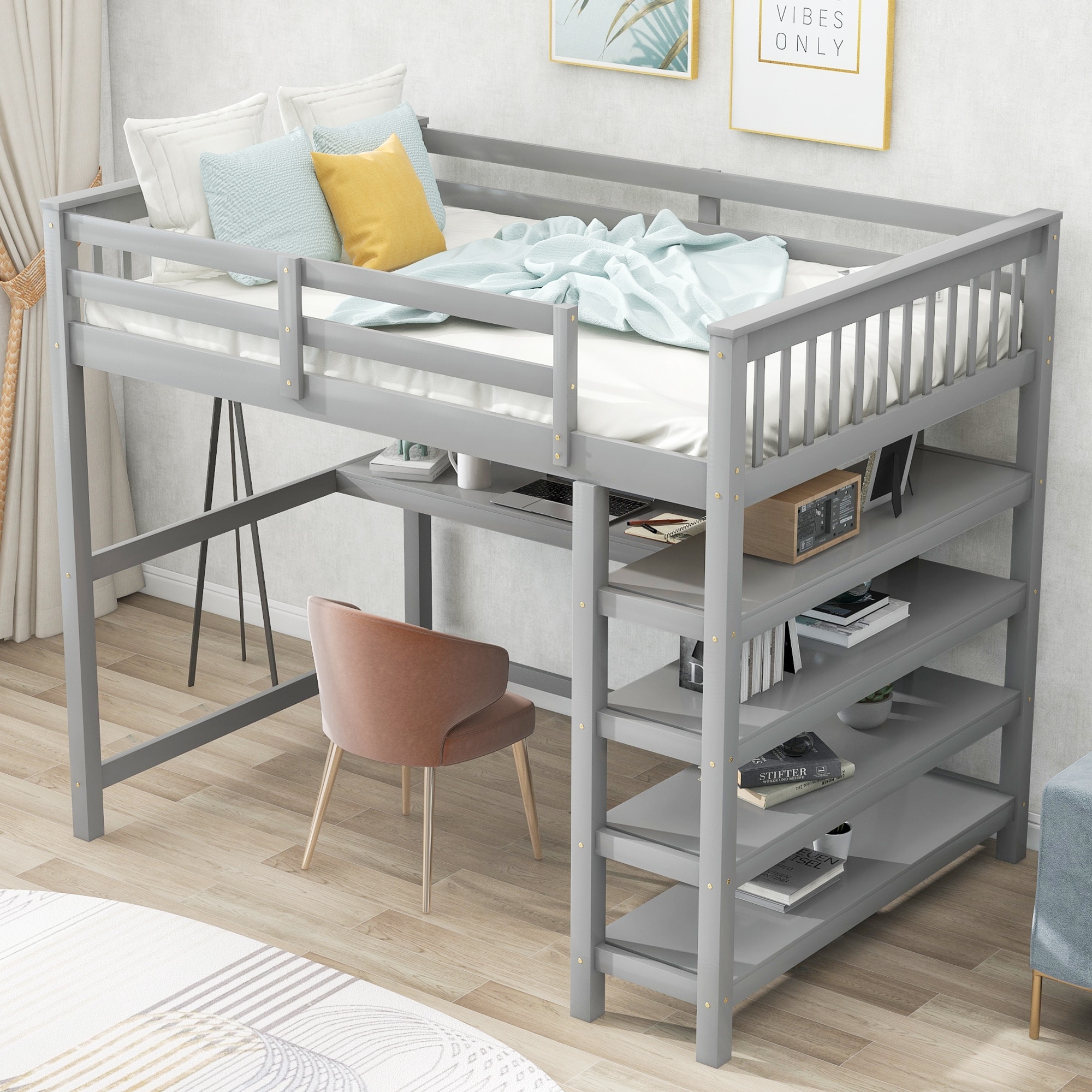 Full size low loft top bed with desk