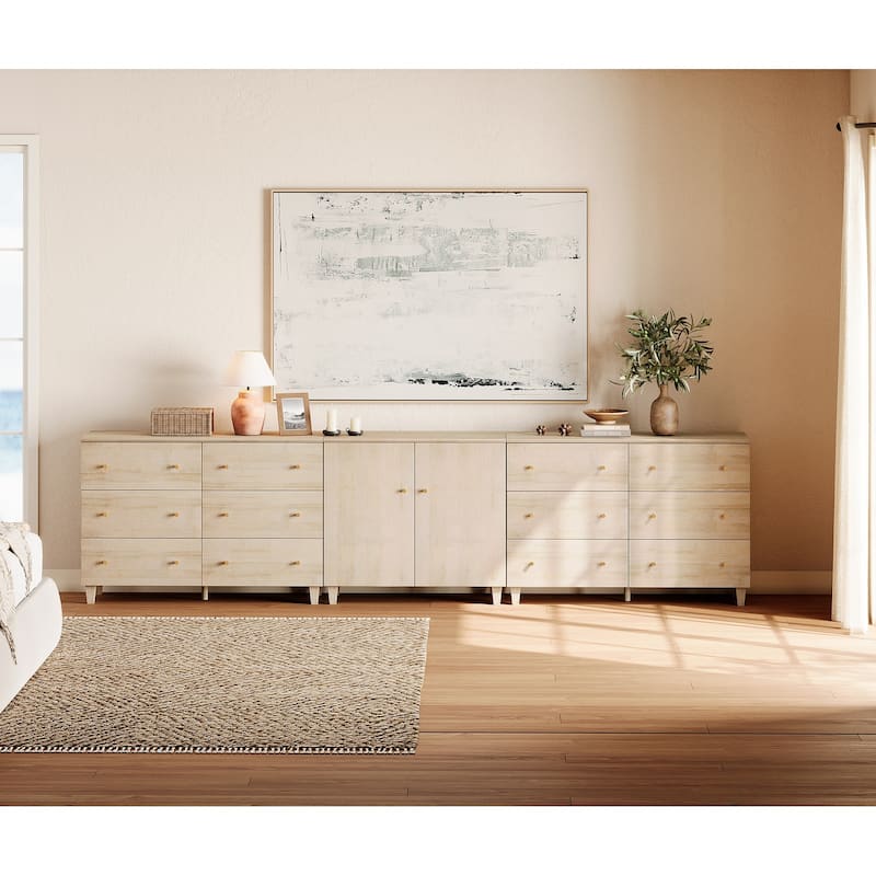 Wood Dresser with 12 Drawers and 1 Cabinet for Bedroom, 130" Wide