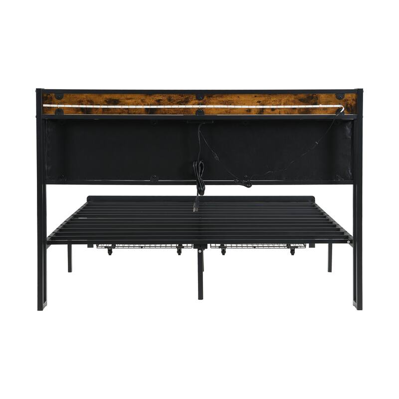 Full Platform Bed Frame with LED Lights and Wood Headboard, Farmhouse Storage Bed Frame with Drawers & USB & Charging Station