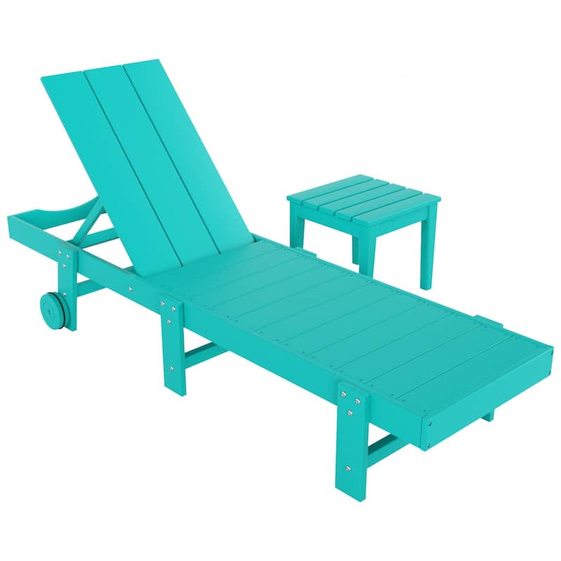 Polytrends Shoreside Modern Poly Eco-Friendly All Weather Reclining Chaise Lounge With Wheels and Side Table (2-Piece Set)