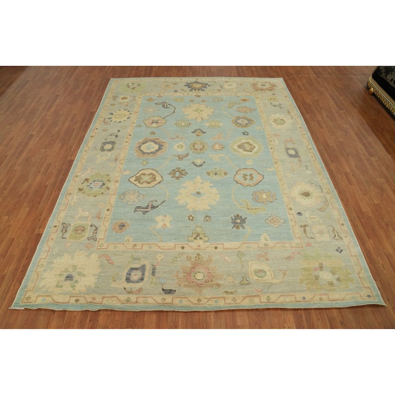 Vegetable Dye Blue Oushak Turkish Area Rug, Floral Geometric Carpet - 12' 0'' X 9' 3''
