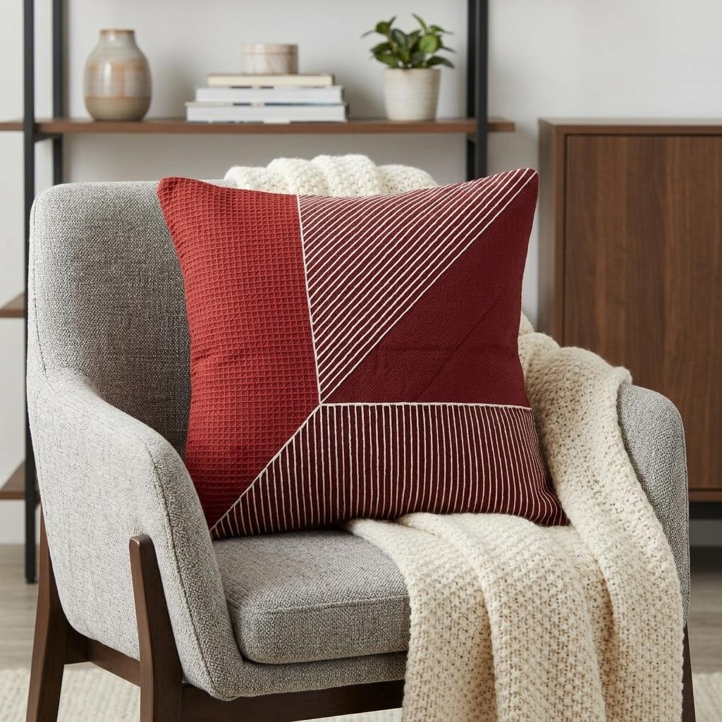 HomeRoots 24" Red and White Geometric Cotton Throw Pillow With Embroidery