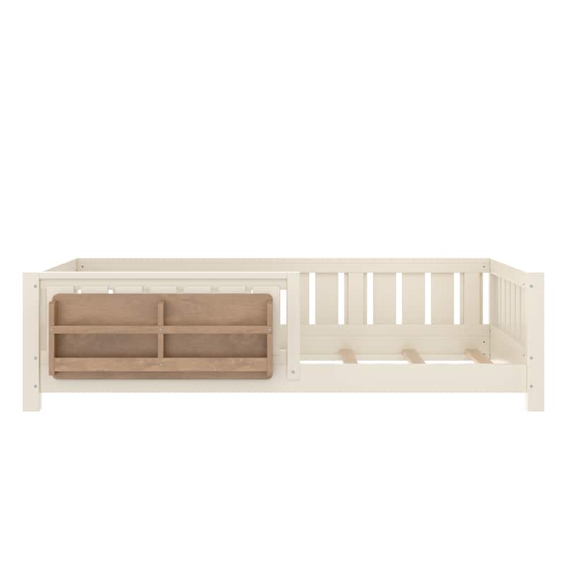 Low Profile Montessori Bed Floor Platform Bed with Fence and Bookshelf