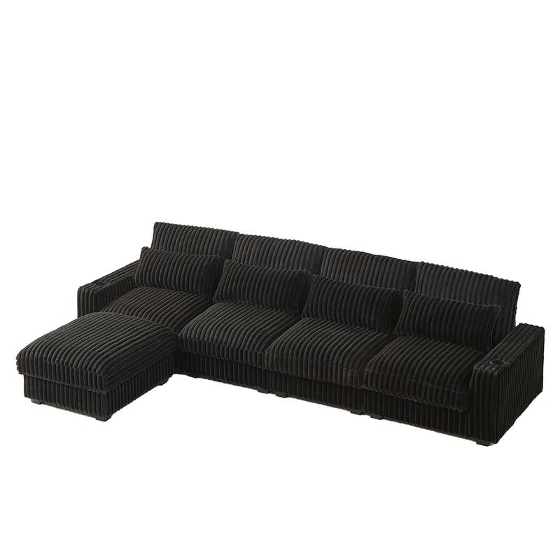 126" Corduroy Super Large L-Shaped Sofa With Cup Holder,Four Waist Pillows,Four Back Cushion and USB Port