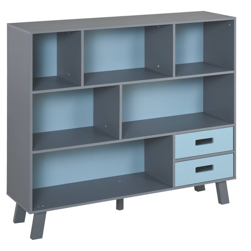 Floor Standing 3-Tier Child Bookcase with 2 Drawers - Blue/Grey