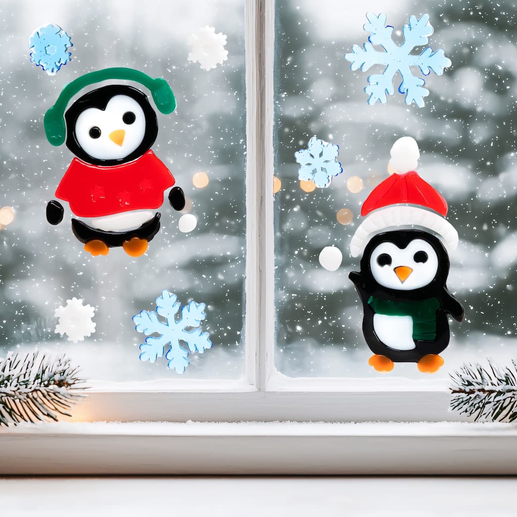 8-Piece Penguin and Snowflake Gel Christmas Window Clings, 7.75"