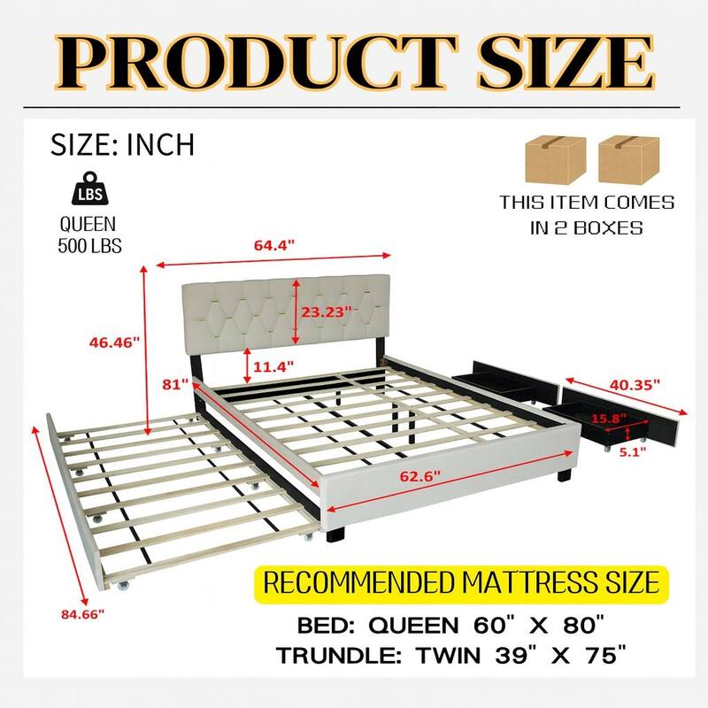 Queen Size Trundle Bed Upholstered Platform Bed Frame with Pull-Out Twin Trundle and Two Storage Drawers, No Box Spring Needed