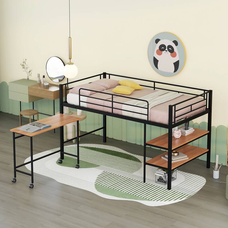 Twin Size Metal Loft Bed with Desk and Shelves in Black
