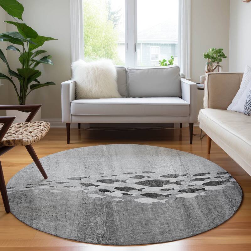 Machine Washable Indoor/ Outdoor Chantille Modern Sea Life Rug - Gray - 8' x 8'