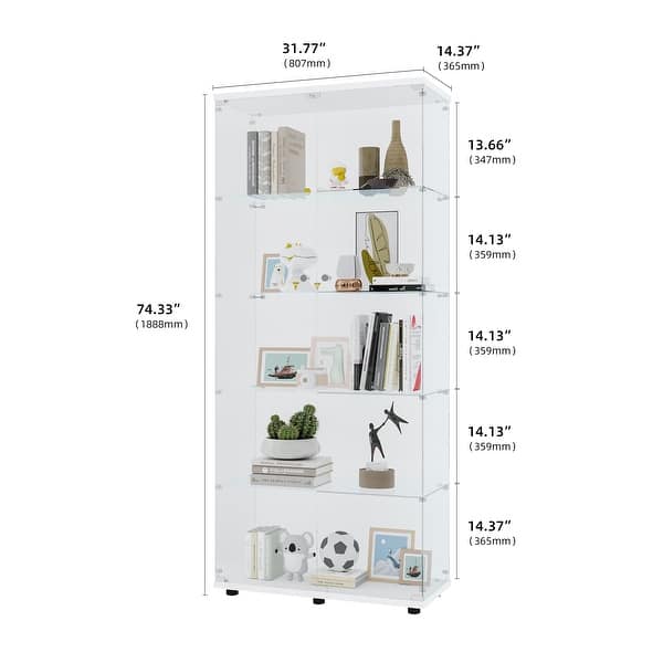 dimension image slide 17 of 24, Glass Display Cabinet with Doors & Locks, Acrylic Shelves, Floor Standing Storage Showcase for Home or Office