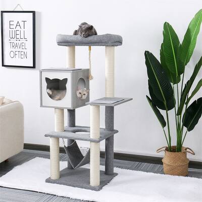 Cat Tree 52 Inches Multi-Level Modern Wooden Cat Tower with Hammock - N/A