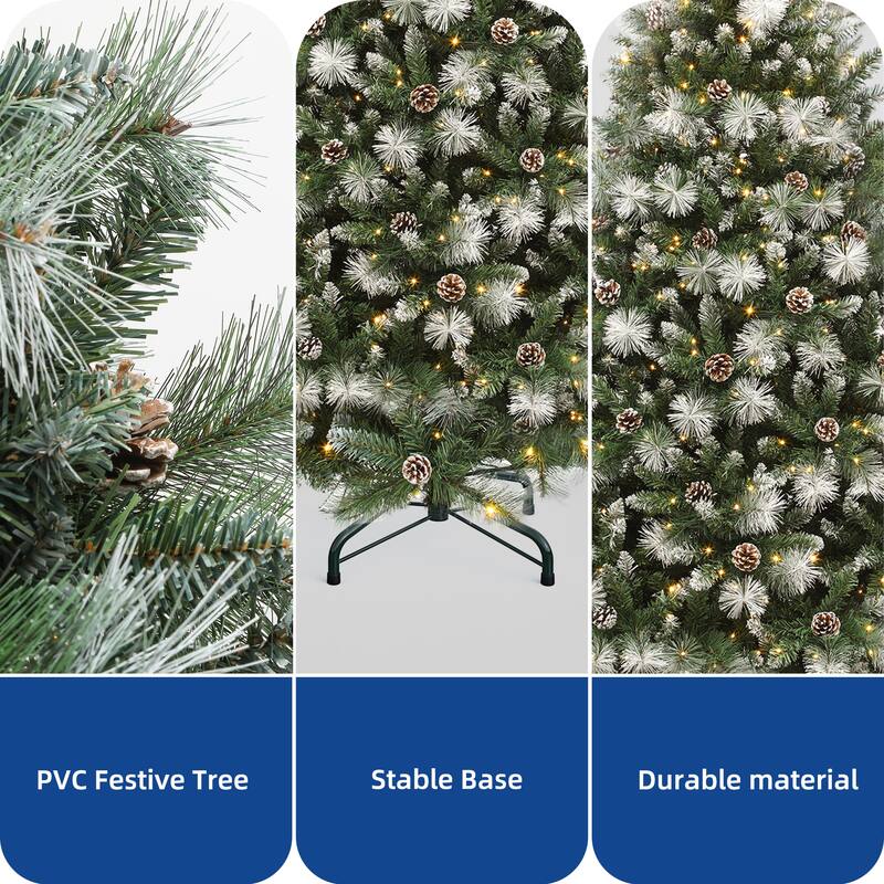 4.5/6ft Prelit & Pre-Decorated Scotch Pine Christmas Tree with Remote Control, Frosted Christmas Tree with Pine-Cones & Needles