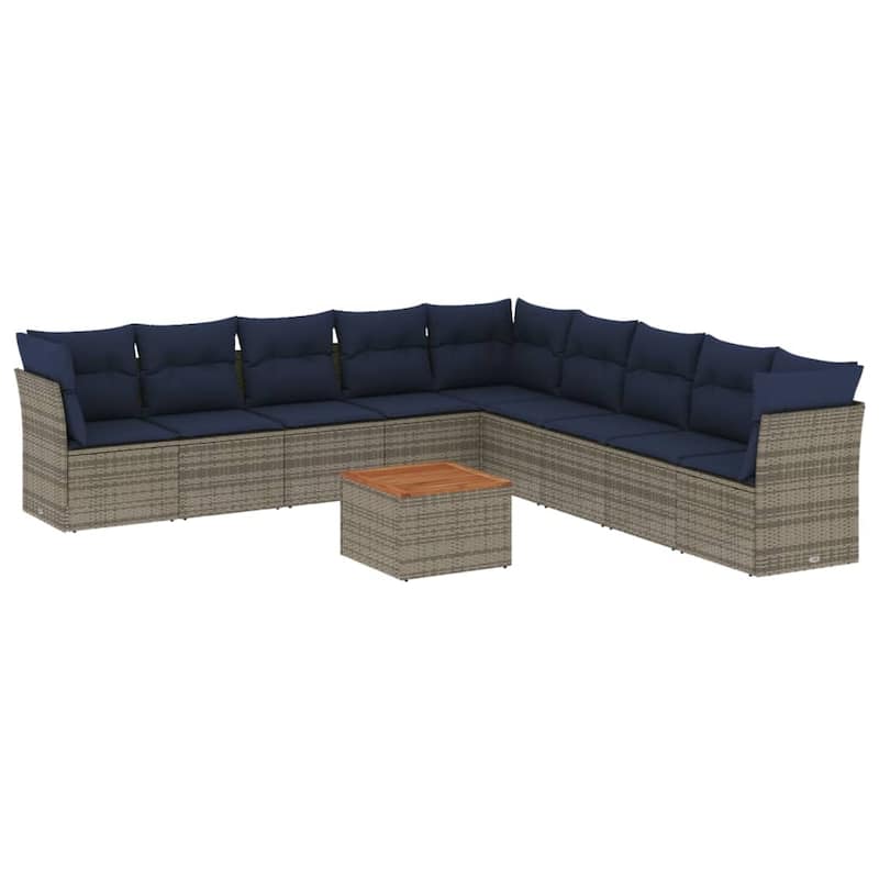 vidaXL 10 Piece Patio Sofa Set with Cushions Gray Poly Rattan - 24.4" x 24.4" x 27.2"