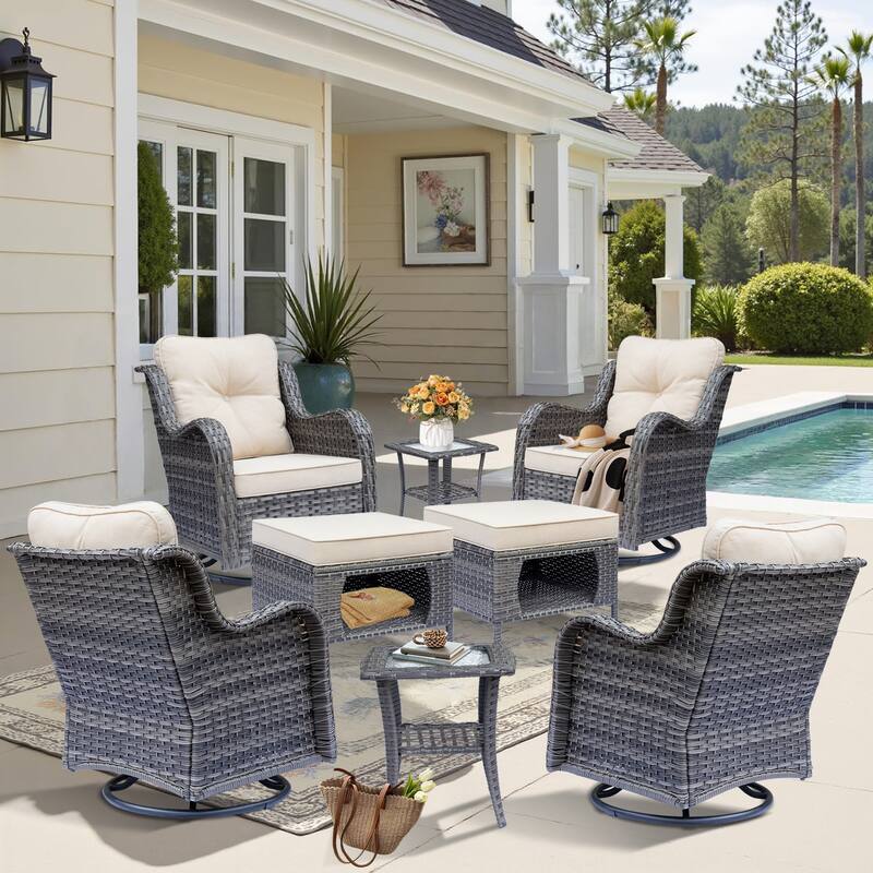 Gray Rattan Outdoor Patio Conversation Sets with Swivel Rocker Chairs - 8 Piece - Beige