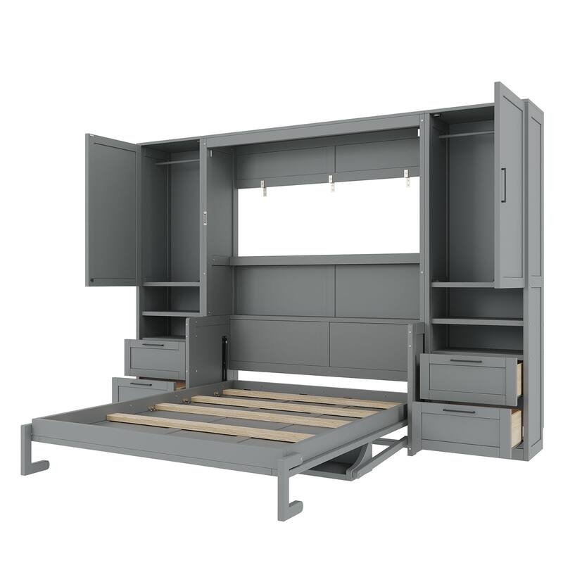 Roomfitters Full/Queen Size Murphy Bed Wall Bed with Shelves, Wardrobe and Lighting
