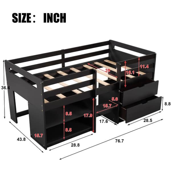 dimension image slide 0 of 2, Wood Twin Loft Bed with 2 Shelves & 2 drawers for Bedroom(Antique Gray)